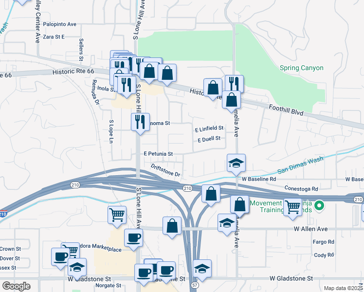 map of restaurants, bars, coffee shops, grocery stores, and more near 2032 East Duell Street in Glendora