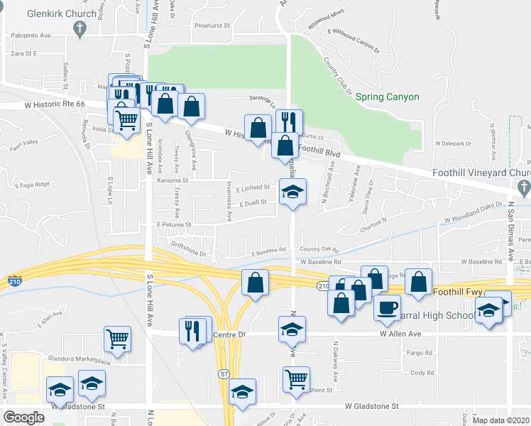 map of restaurants, bars, coffee shops, grocery stores, and more near 2213 East Petunia Street in Glendora