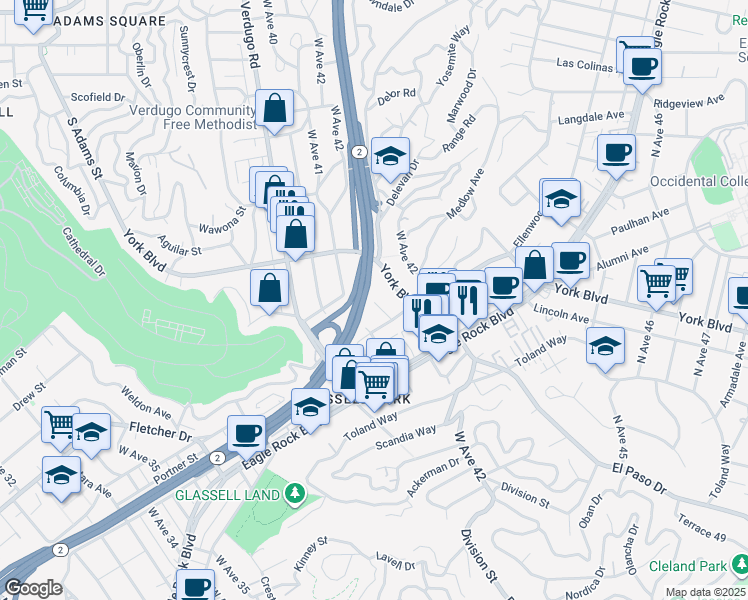 map of restaurants, bars, coffee shops, grocery stores, and more near 3936 Yosemite Way in Los Angeles