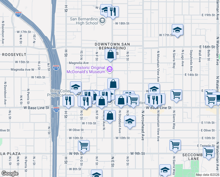 map of restaurants, bars, coffee shops, grocery stores, and more near in San Bernardino