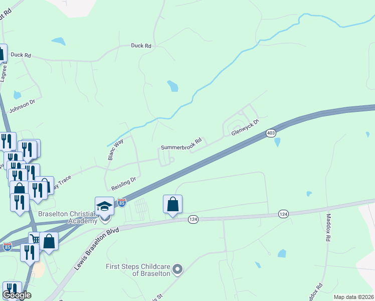 map of restaurants, bars, coffee shops, grocery stores, and more near 414 Walnut Woods Drive in Braselton