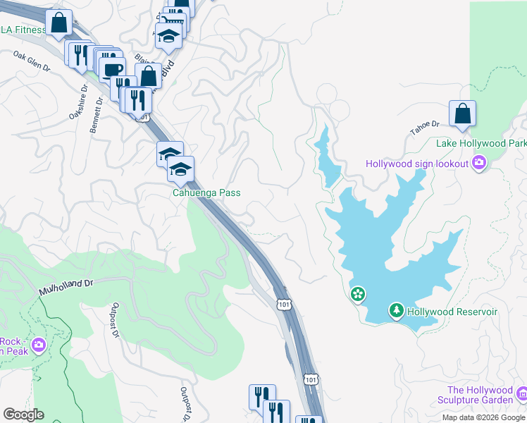 map of restaurants, bars, coffee shops, grocery stores, and more near 6570 Lakeridge Road in Los Angeles