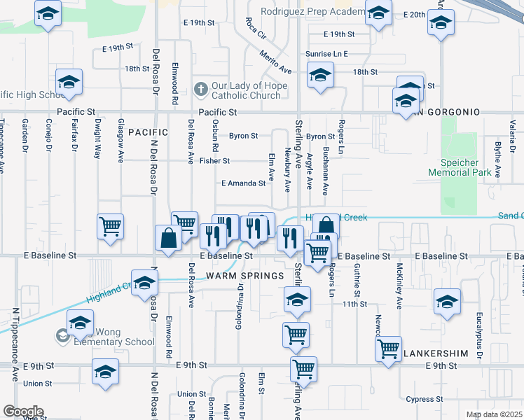 map of restaurants, bars, coffee shops, grocery stores, and more near 25595 Jane Street in San Bernardino