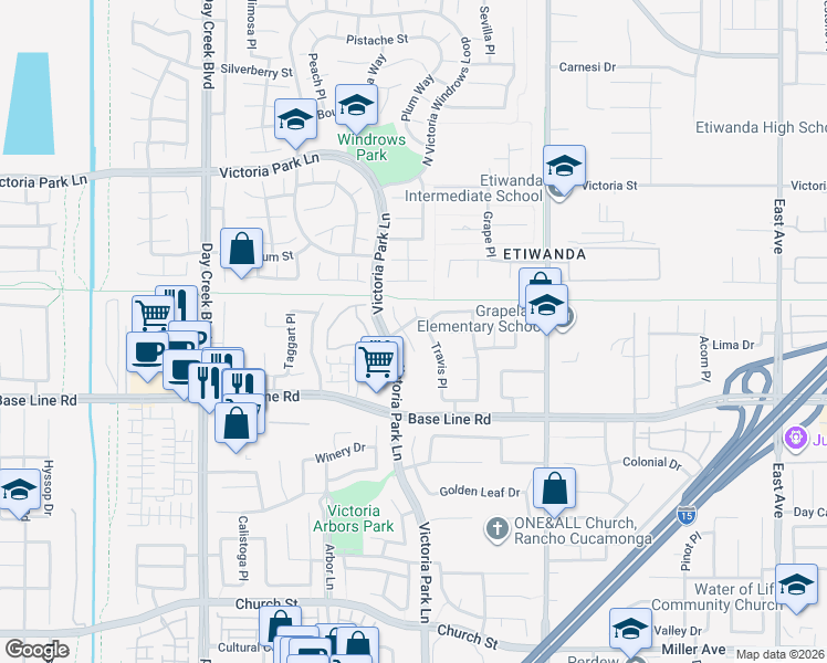 map of restaurants, bars, coffee shops, grocery stores, and more near 7153 Walcott Place in Rancho Cucamonga
