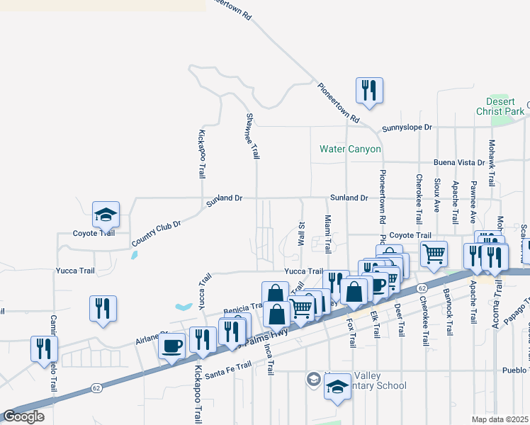 map of restaurants, bars, coffee shops, grocery stores, and more near 55524 Yucca Trail in Yucca Valley