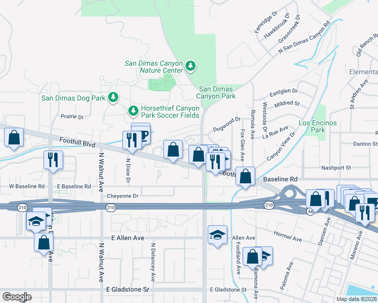 map of restaurants, bars, coffee shops, grocery stores, and more near 1247 Hidden Creek Road in San Dimas