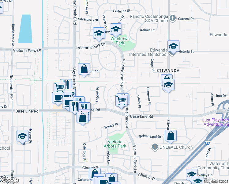 map of restaurants, bars, coffee shops, grocery stores, and more near 12584 Atwood Court in Rancho Cucamonga