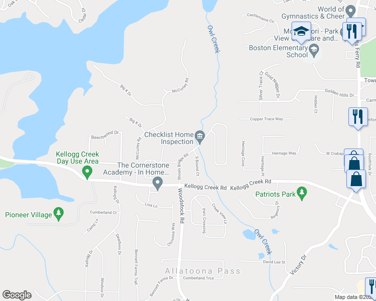 map of restaurants, bars, coffee shops, grocery stores, and more near 131 Shoals Bridge Road in Acworth