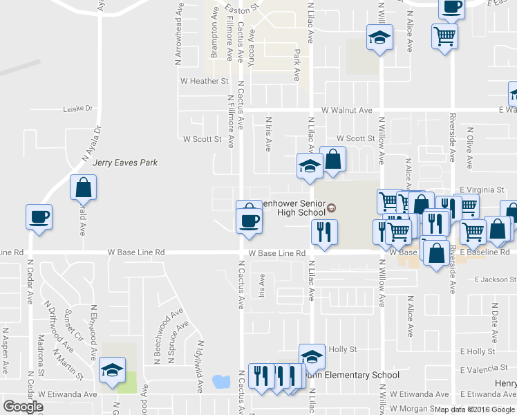 map of restaurants, bars, coffee shops, grocery stores, and more near 660 West Mariposa Drive in Rialto