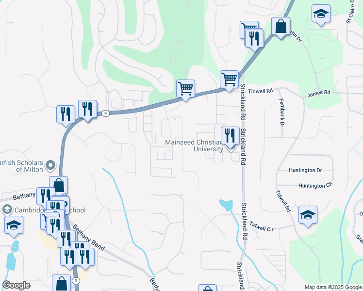 map of restaurants, bars, coffee shops, grocery stores, and more near 3543 Archgate Court in Milton