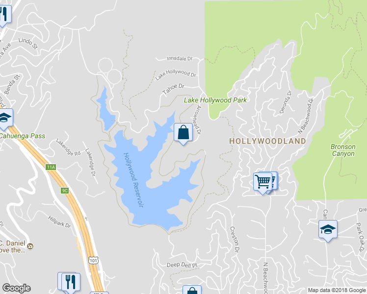 map of restaurants, bars, coffee shops, grocery stores, and more near 3002 Arrowhead Drive in Los Angeles