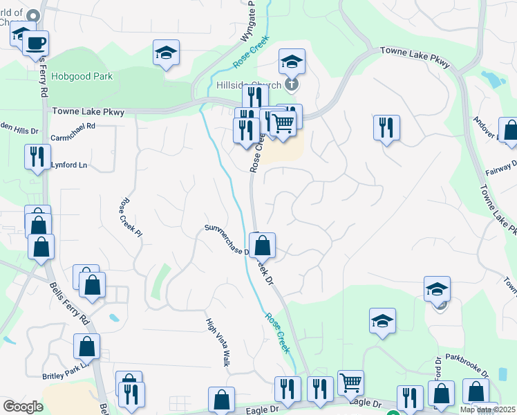 map of restaurants, bars, coffee shops, grocery stores, and more near 1705 Brookridge Court in Woodstock