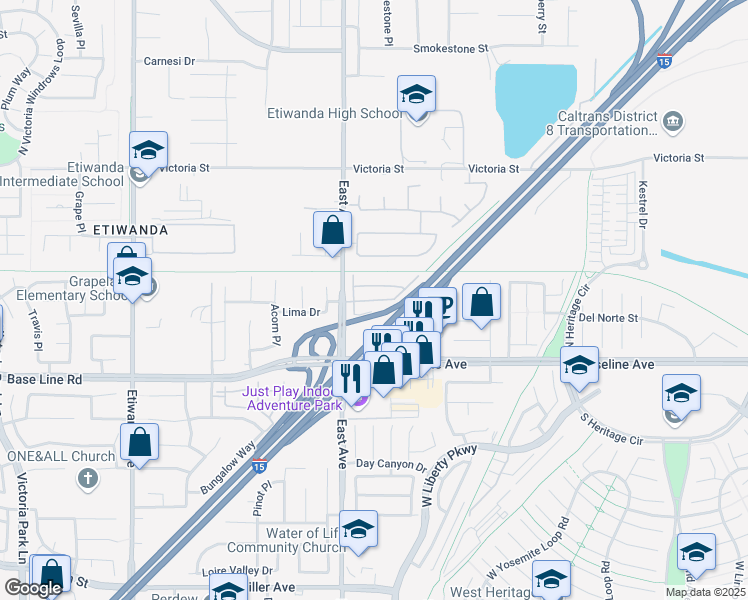 map of restaurants, bars, coffee shops, grocery stores, and more near Chateau Drive in Rancho Cucamonga
