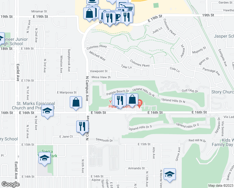 map of restaurants, bars, coffee shops, grocery stores, and more near 1060 Pebble Beach Drive in Upland