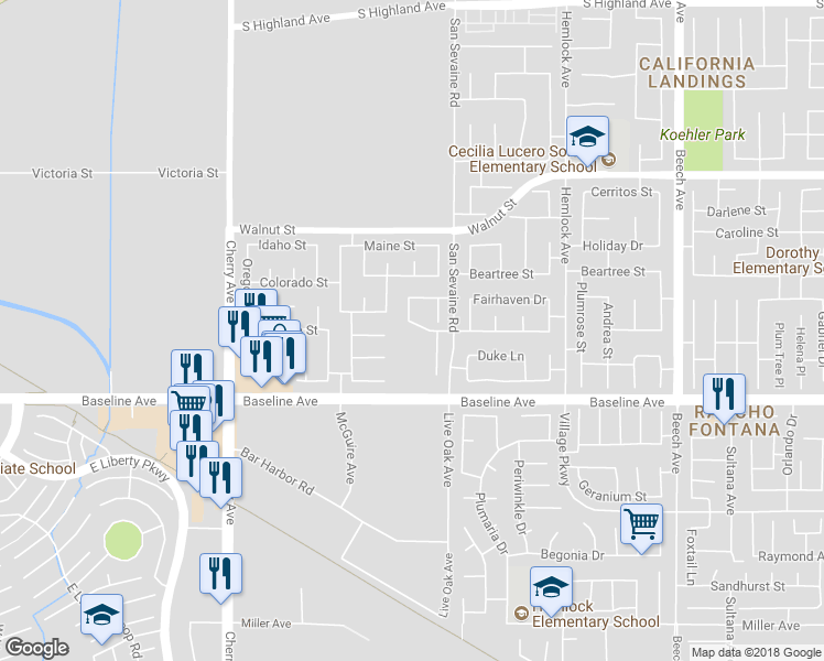 map of restaurants, bars, coffee shops, grocery stores, and more near 14823 Westgate Drive in Fontana
