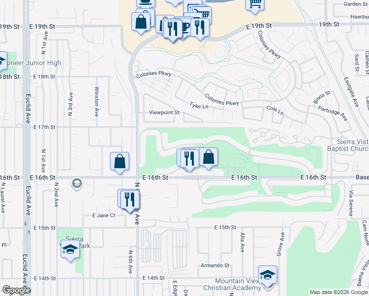 map of restaurants, bars, coffee shops, grocery stores, and more near 1060 Pebble Beach Drive in Upland