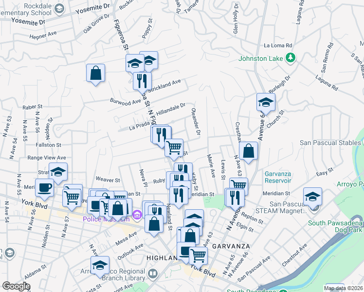 map of restaurants, bars, coffee shops, grocery stores, and more near 6186 Springvale Drive in Los Angeles