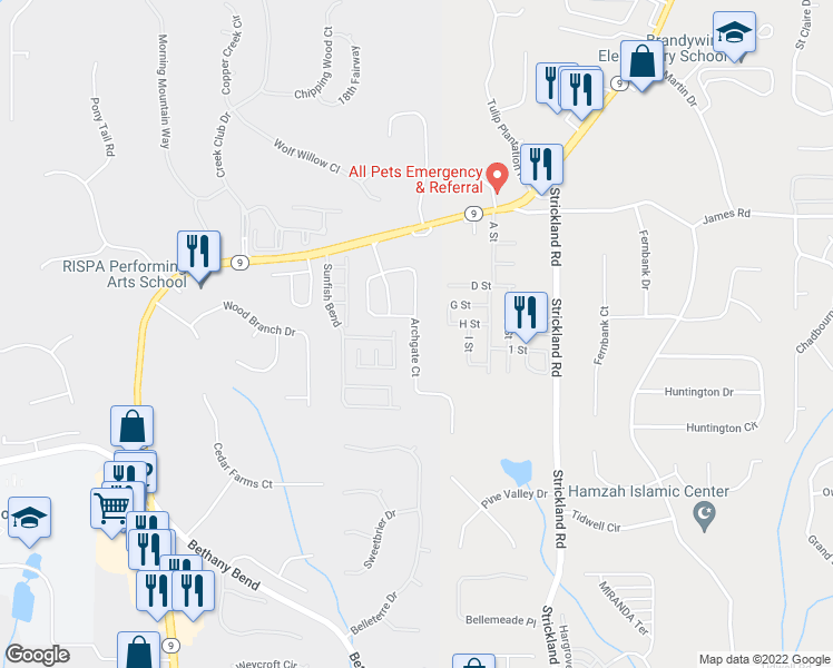 map of restaurants, bars, coffee shops, grocery stores, and more near 3540 Archgate Court in Milton