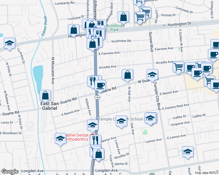 map of restaurants, bars, coffee shops, grocery stores, and more near 9053 Duarte Road in San Gabriel