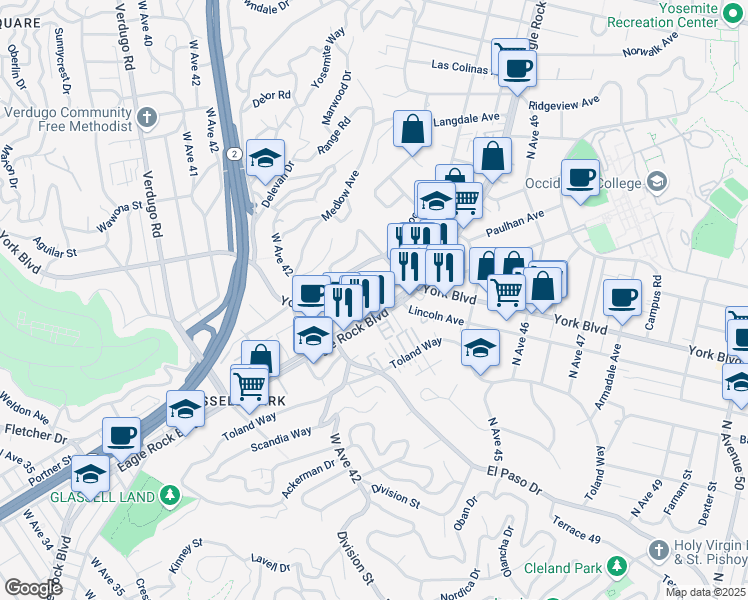 map of restaurants, bars, coffee shops, grocery stores, and more near 4331 North Eagle Rock Boulevard in Los Angeles