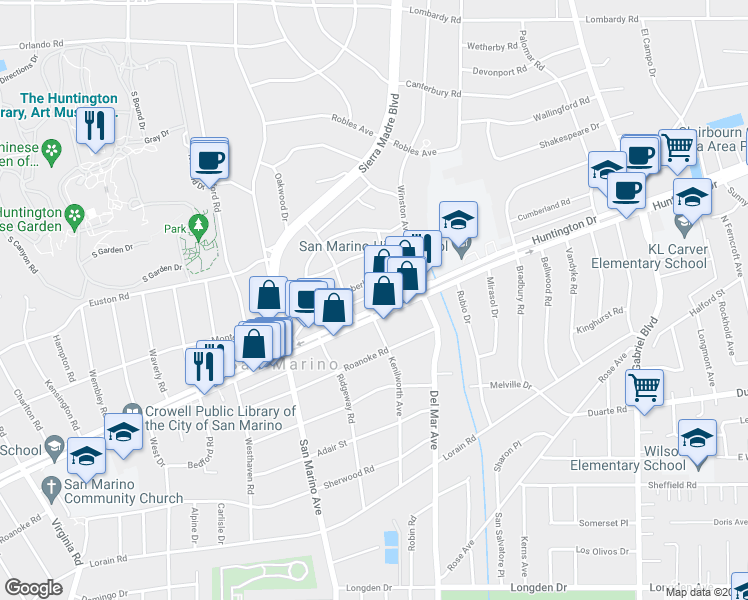 map of restaurants, bars, coffee shops, grocery stores, and more near 2445 Huntington Drive in San Marino