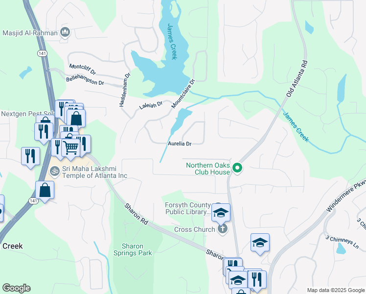 map of restaurants, bars, coffee shops, grocery stores, and more near 1710 Aurelia Drive in Cumming