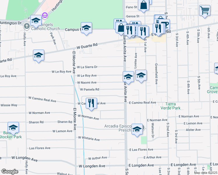 map of restaurants, bars, coffee shops, grocery stores, and more near 57 West Pamela Road in Arcadia