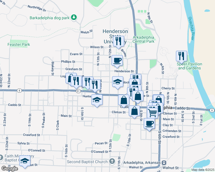map of restaurants, bars, coffee shops, grocery stores, and more near 233 North 12th Street in Arkadelphia