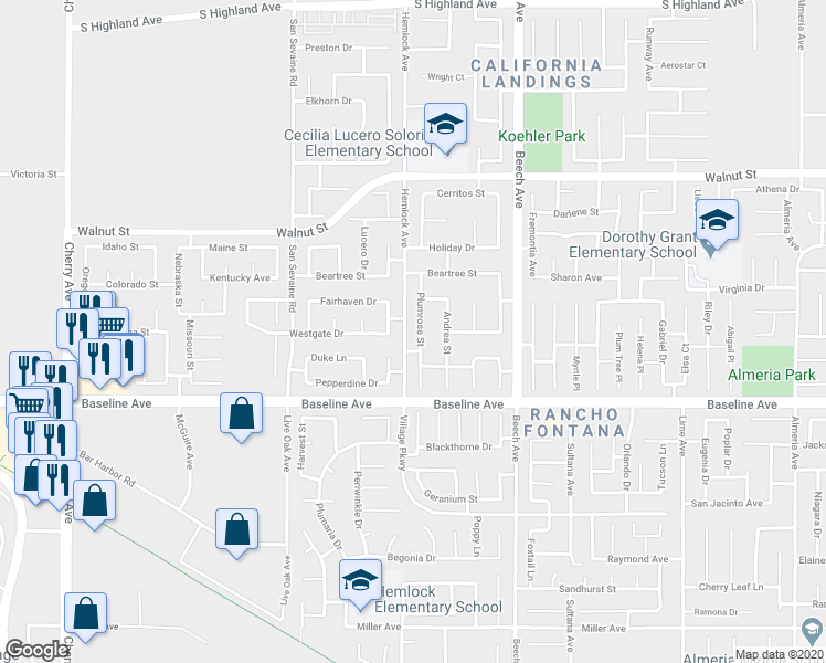 map of restaurants, bars, coffee shops, grocery stores, and more near 7178 Plumrose Street in Fontana