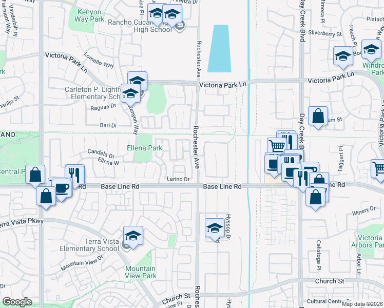 map of restaurants, bars, coffee shops, grocery stores, and more near 7193 Trivento Place in Rancho Cucamonga