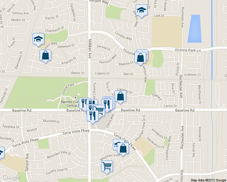 map of restaurants, bars, coffee shops, grocery stores, and more near 11461 Candela Drive in Rancho Cucamonga