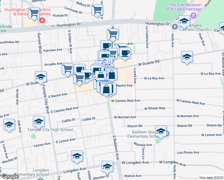 map of restaurants, bars, coffee shops, grocery stores, and more near 1412 South Baldwin Avenue in Arcadia