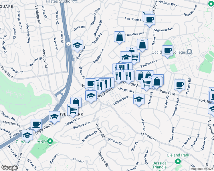 map of restaurants, bars, coffee shops, grocery stores, and more near 4323 Eagle Rock Boulevard in Los Angeles