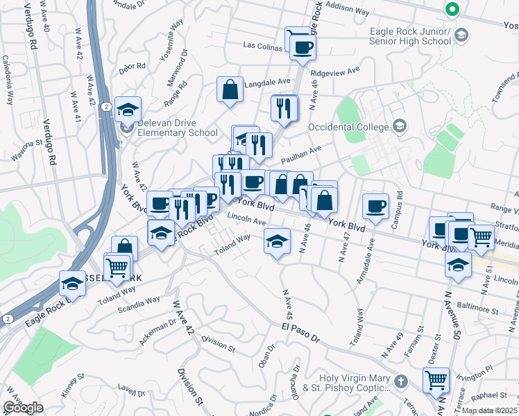 map of restaurants, bars, coffee shops, grocery stores, and more near 4430 York Boulevard in Los Angeles