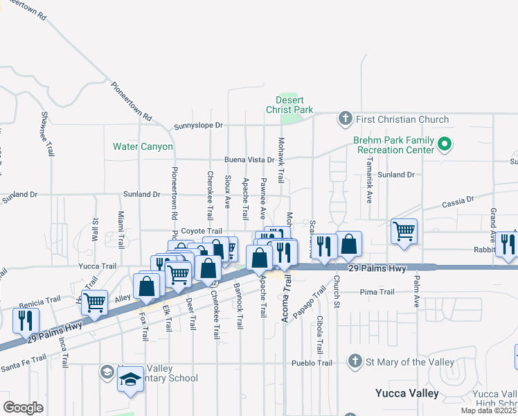 map of restaurants, bars, coffee shops, grocery stores, and more near 7134 Pawnee Avenue in Yucca Valley