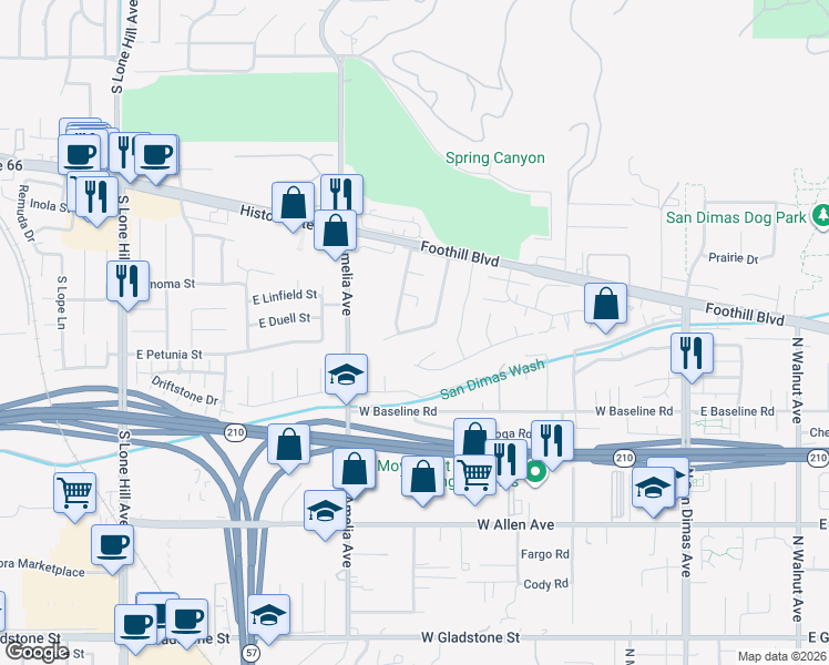 map of restaurants, bars, coffee shops, grocery stores, and more near 2426 West Valewood Street in San Dimas