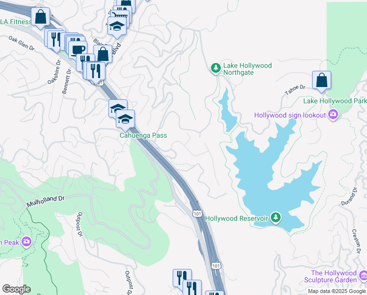 map of restaurants, bars, coffee shops, grocery stores, and more near 6570 Lakeridge Road in Los Angeles