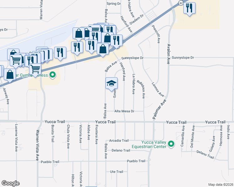 map of restaurants, bars, coffee shops, grocery stores, and more near Emerson Avenue in Yucca Valley