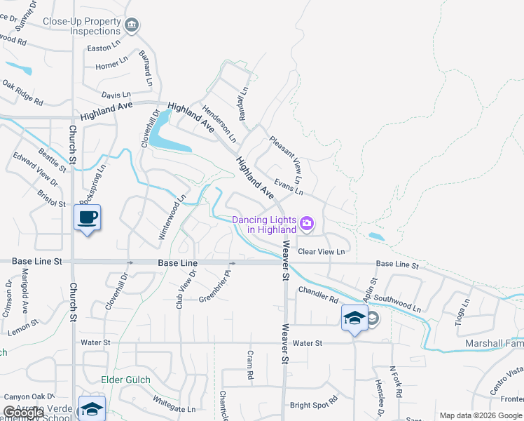 map of restaurants, bars, coffee shops, grocery stores, and more near 7145 Pleasant View Lane in Highland