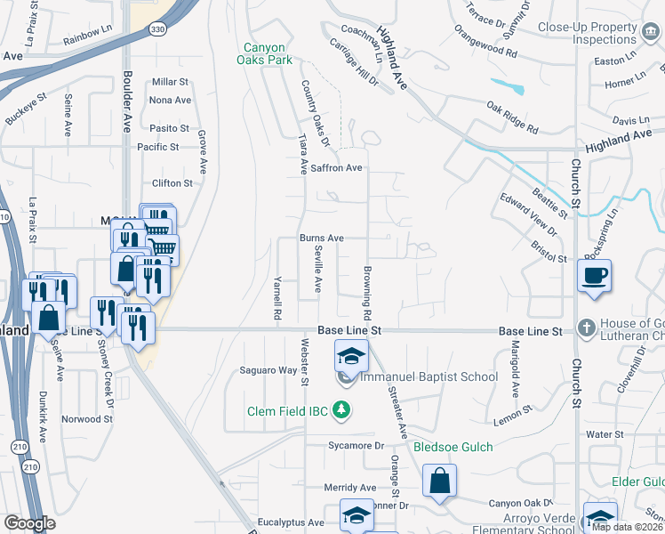 map of restaurants, bars, coffee shops, grocery stores, and more near 7173 Seville Avenue in Highland