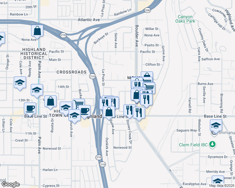 map of restaurants, bars, coffee shops, grocery stores, and more near 7168 Catalpa Avenue in Highland