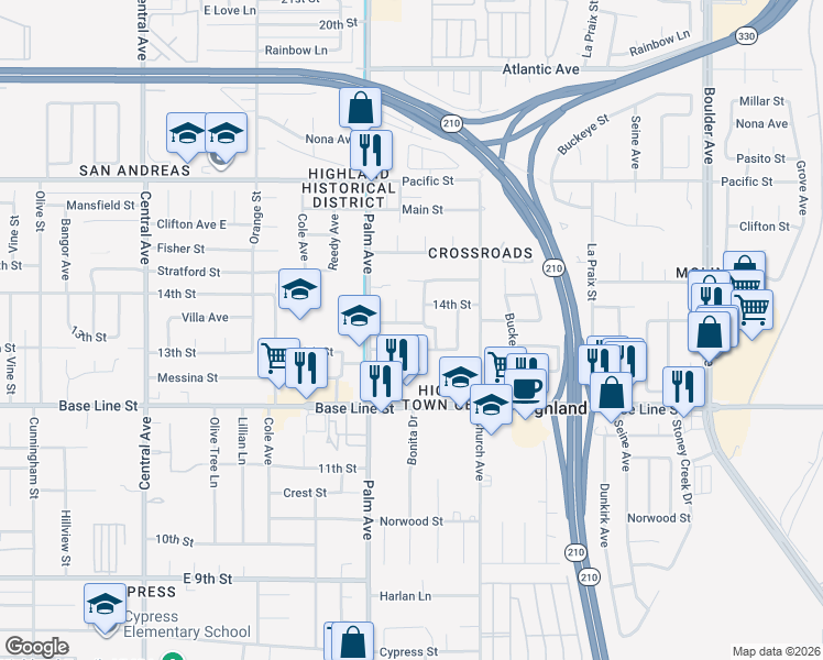 map of restaurants, bars, coffee shops, grocery stores, and more near 27389 Bessant Street in Highland