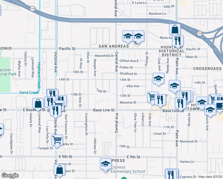 map of restaurants, bars, coffee shops, grocery stores, and more near 7184 Central Avenue in Highland