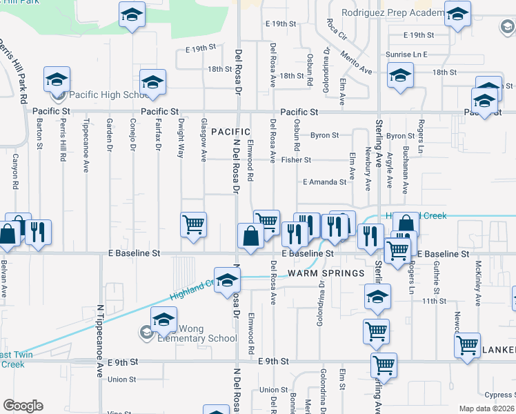 map of restaurants, bars, coffee shops, grocery stores, and more near 7178 Del Rosa Avenue in San Bernardino