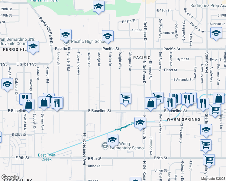 map of restaurants, bars, coffee shops, grocery stores, and more near 7188 Dwight Way in San Bernardino