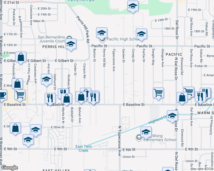 map of restaurants, bars, coffee shops, grocery stores, and more near 7188 Tippecanoe Avenue in San Bernardino