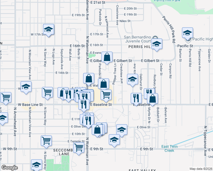map of restaurants, bars, coffee shops, grocery stores, and more near 435 East Wabash Street in San Bernardino