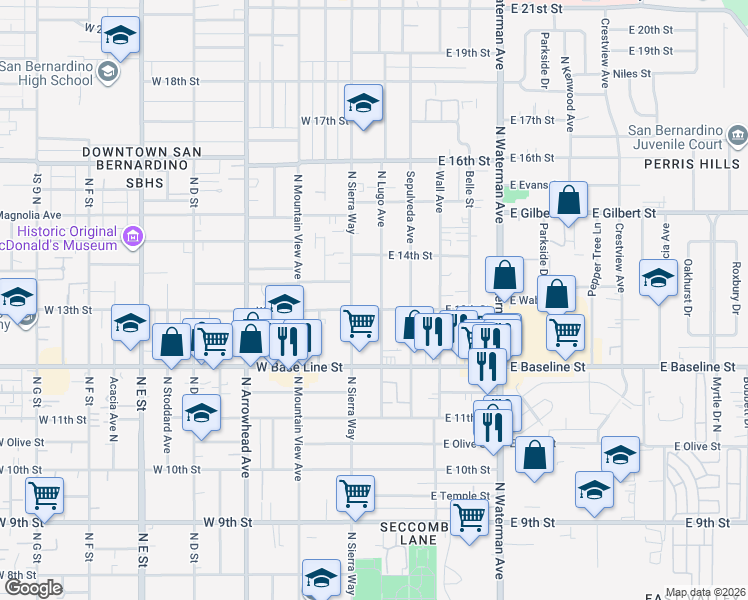 map of restaurants, bars, coffee shops, grocery stores, and more near 172 East 13th Street in San Bernardino