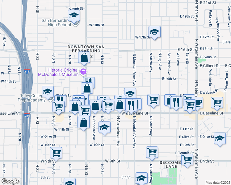 map of restaurants, bars, coffee shops, grocery stores, and more near 1315 North Arrowhead Avenue in San Bernardino