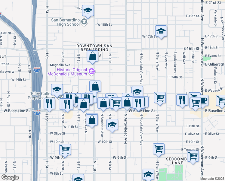map of restaurants, bars, coffee shops, grocery stores, and more near 356 West 13th Street in San Bernardino